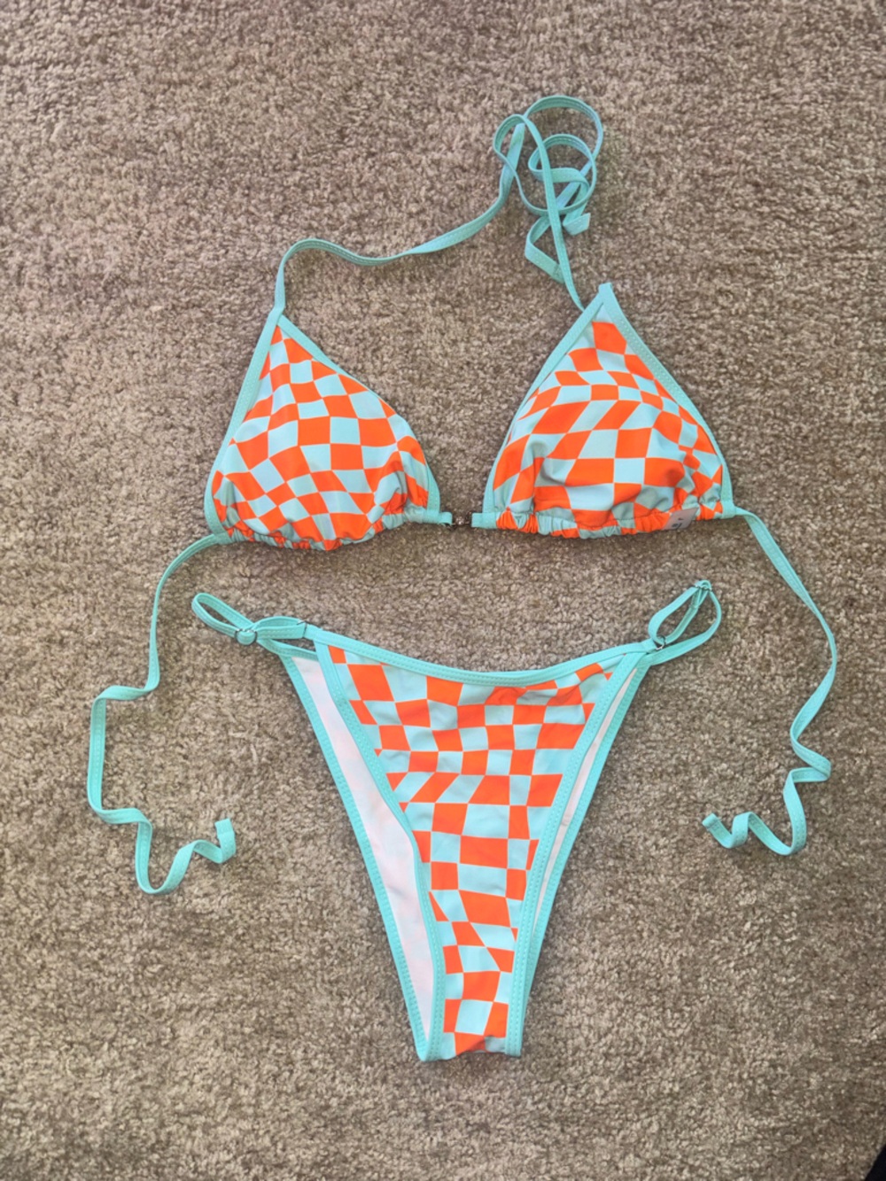 SHEIN Orange & Turquoise Checkerboard Triangle Bikini